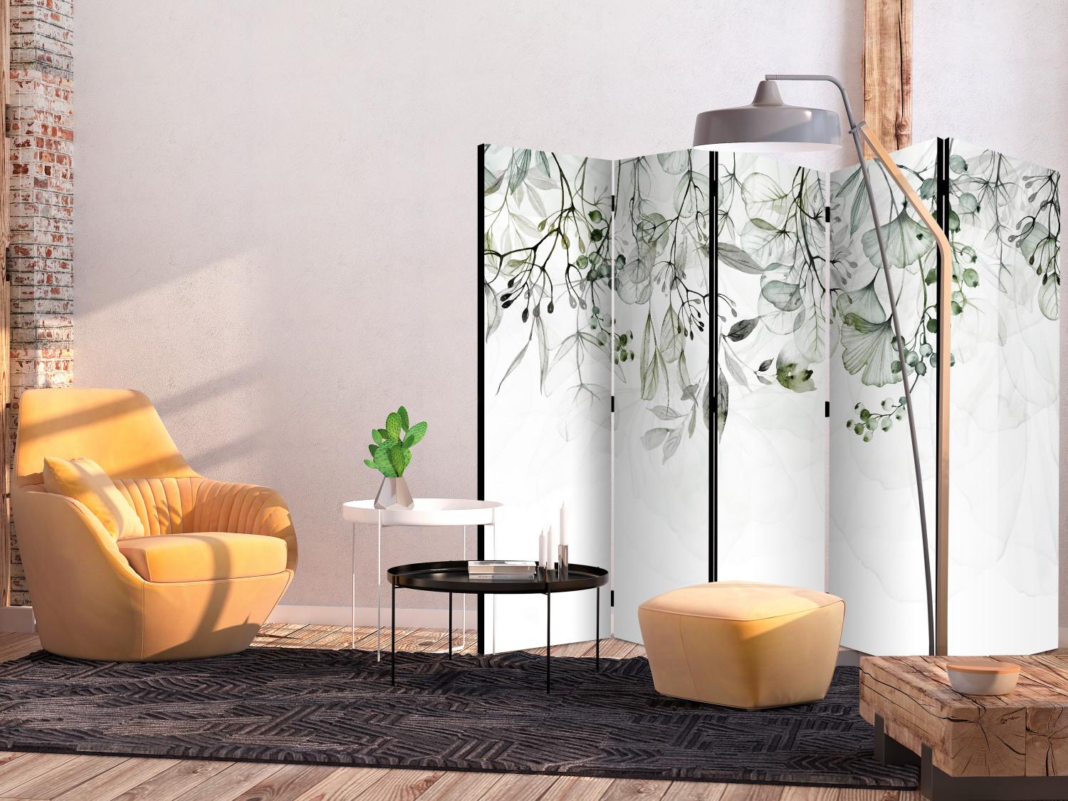 Room Divider Misty Nature - Green II (5-piece) - Delicate plants on white