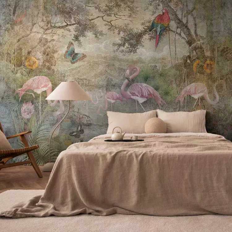 Wall Mural Wild fauna and flora - nature landscape with animals in retro style
