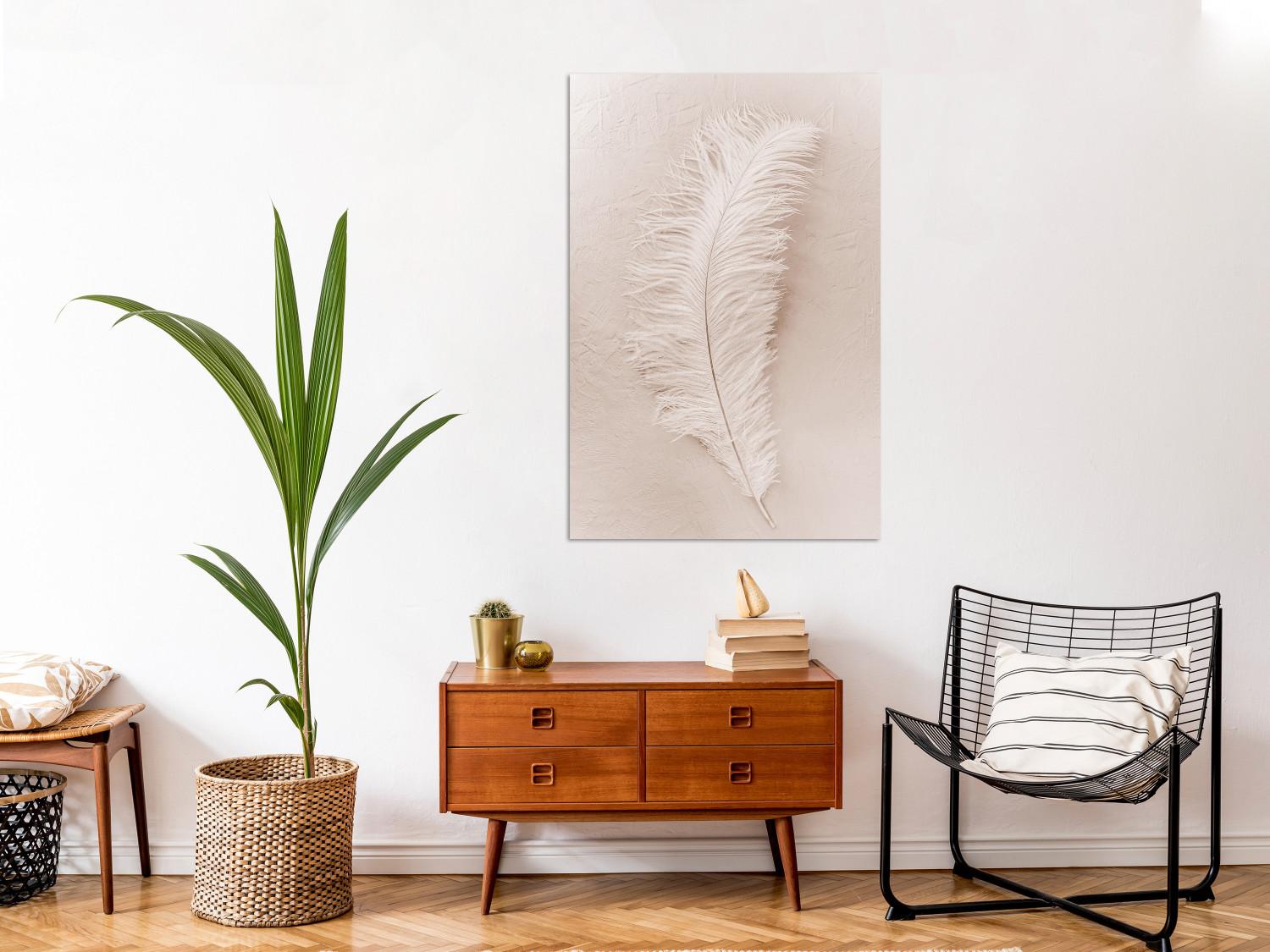 Canvas White feather on a beige counter - Scandi Boho style composition