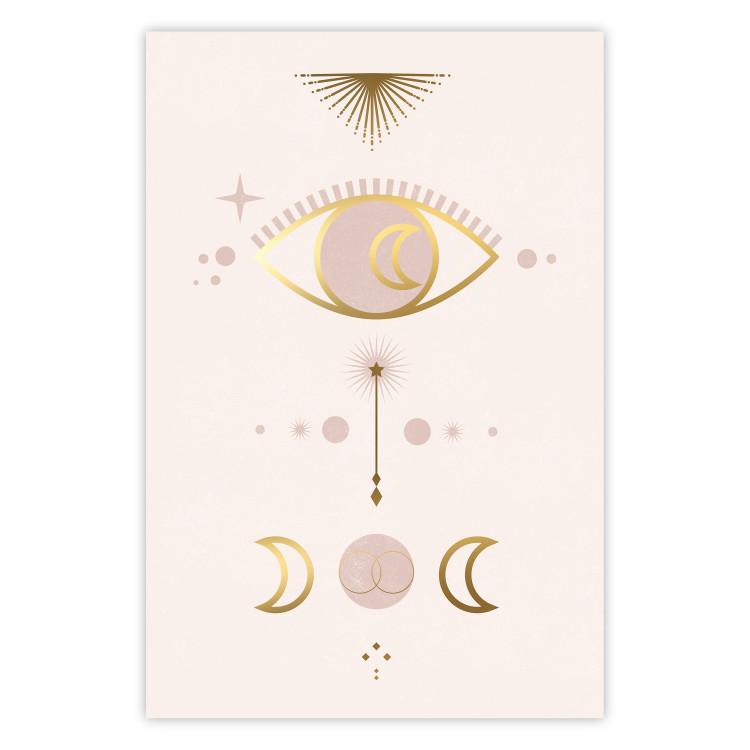 Magical Evening - golden abstraction with moons and an eye on a light background