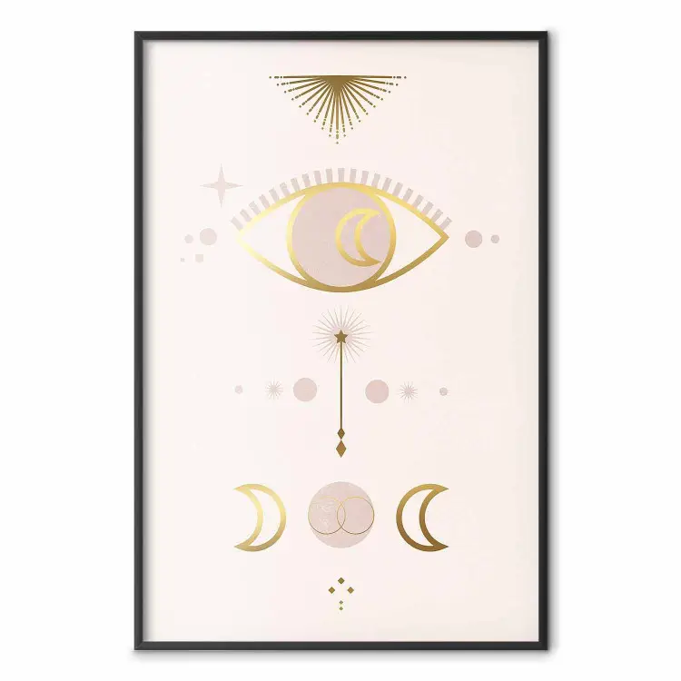 Magical Evening - golden abstraction with moons and an eye on a light background