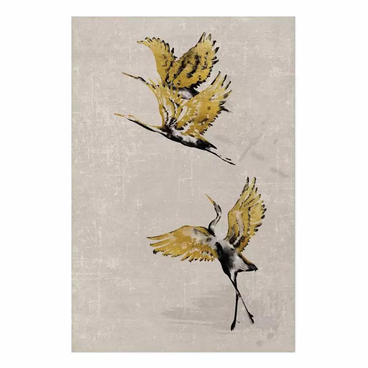Poster Golden Geese - pattern of flying birds and beige background in scandi boho style