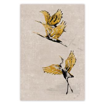 Poster Golden Geese - pattern of flying birds and beige background in scandi boho style