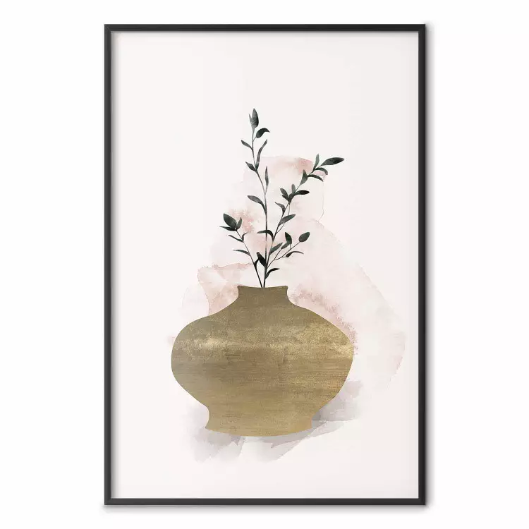 Golden Vase - a simple composition with green foliage in a vase on a beige background