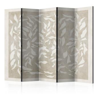 Room Divider Leafy Weave II (5-piece) - Abstraction in white plants on a beige background