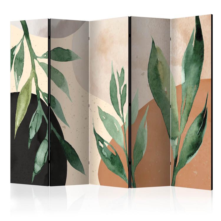 Room Divider Harmony of Nature II (5-piece) - Green leaves on warm background