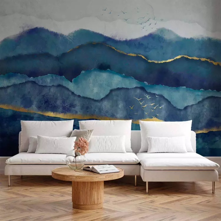 Wall Mural Abstract landscape - blue mountains with birds and golden patterns
