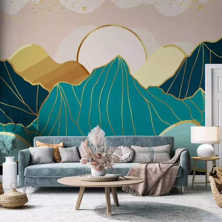 Wall Mural Abstract landscape with gold - landscape of mountains in blue tones