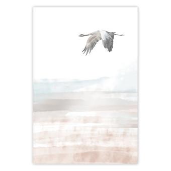 Poster Crane Flight - landscape of a bird flying against a white sky in a watercolor motif