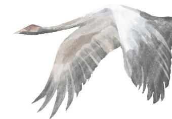 Poster Crane Flight - landscape of a bird flying against a white sky in a watercolor motif