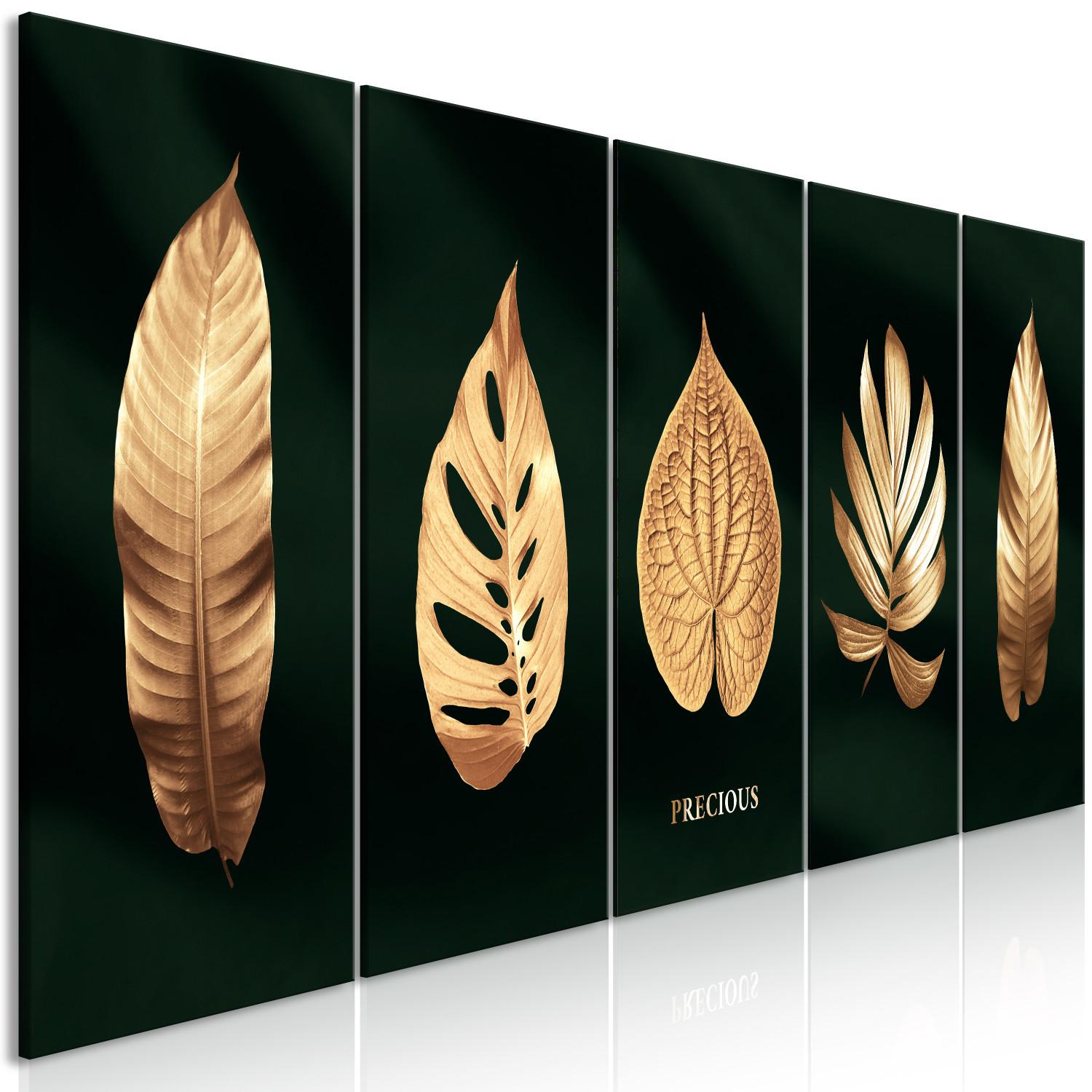 Canvas Golden Corner (5-piece) Narrow - exotic leaves on a black background