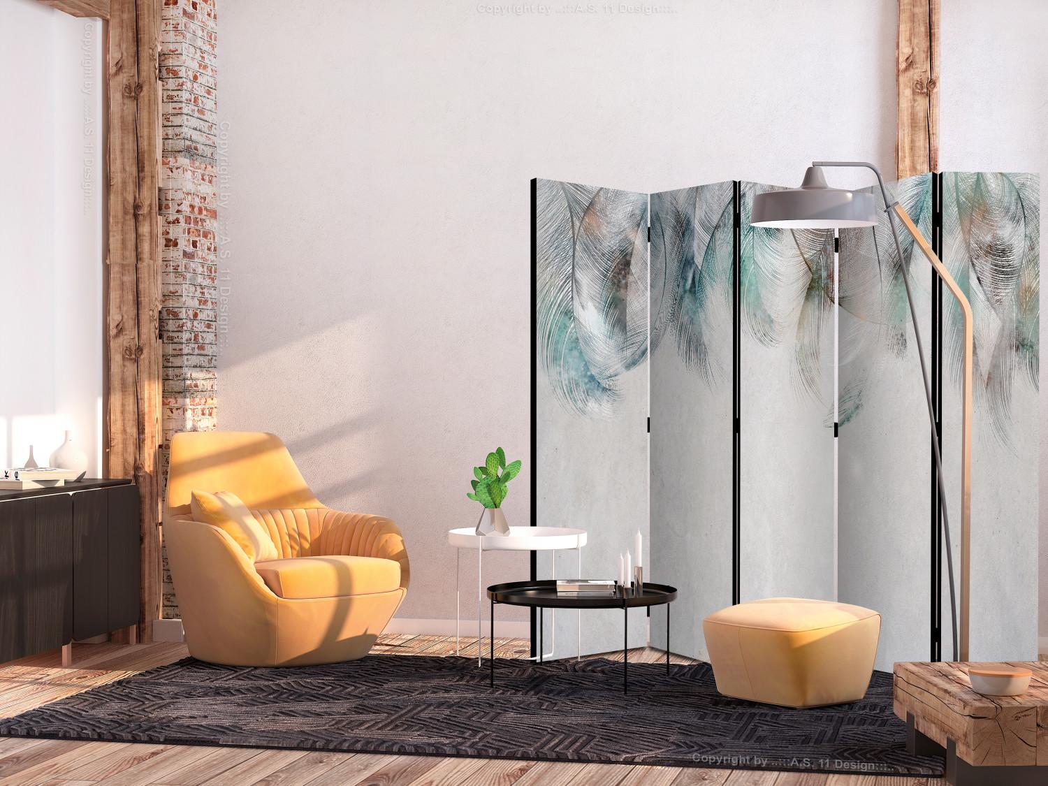 Room Divider Colorful Feathers II (5-piece) - Unique composition with a gray background