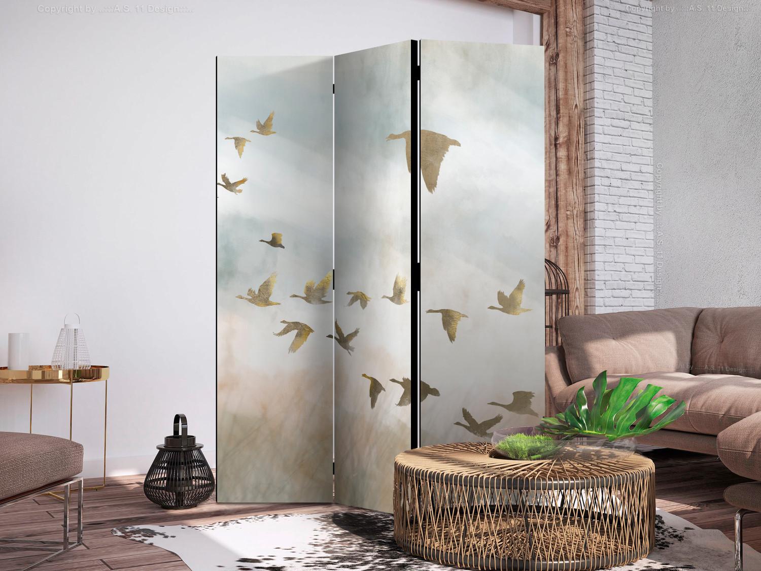 Room Divider Golden Geese (3-piece) - Birds against the sky and countryside landscape