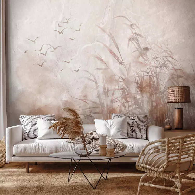 Wall Mural Minimalist landscape with birds - plant motif on beige background