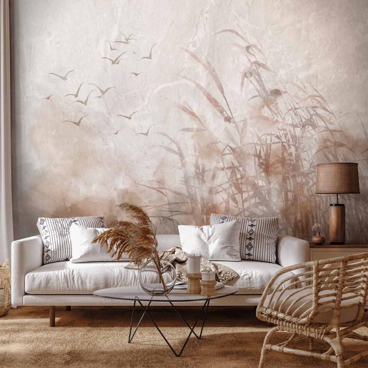 Minimalist landscape with birds - plant motif on beige background
