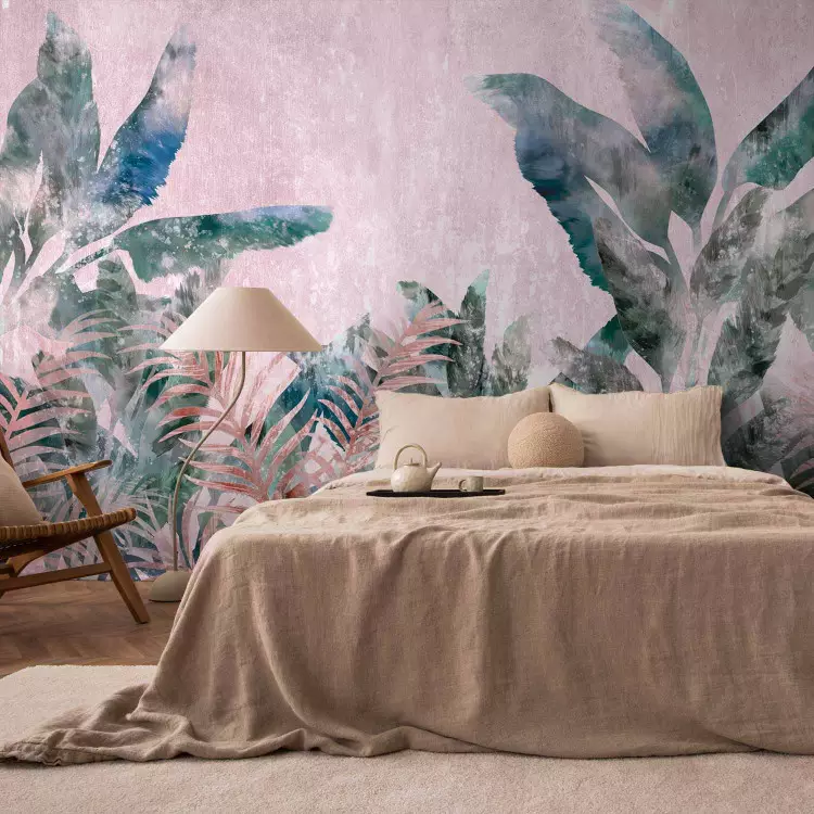 Wall Mural Leafy jungle - painted plant motif in bloom on pink background