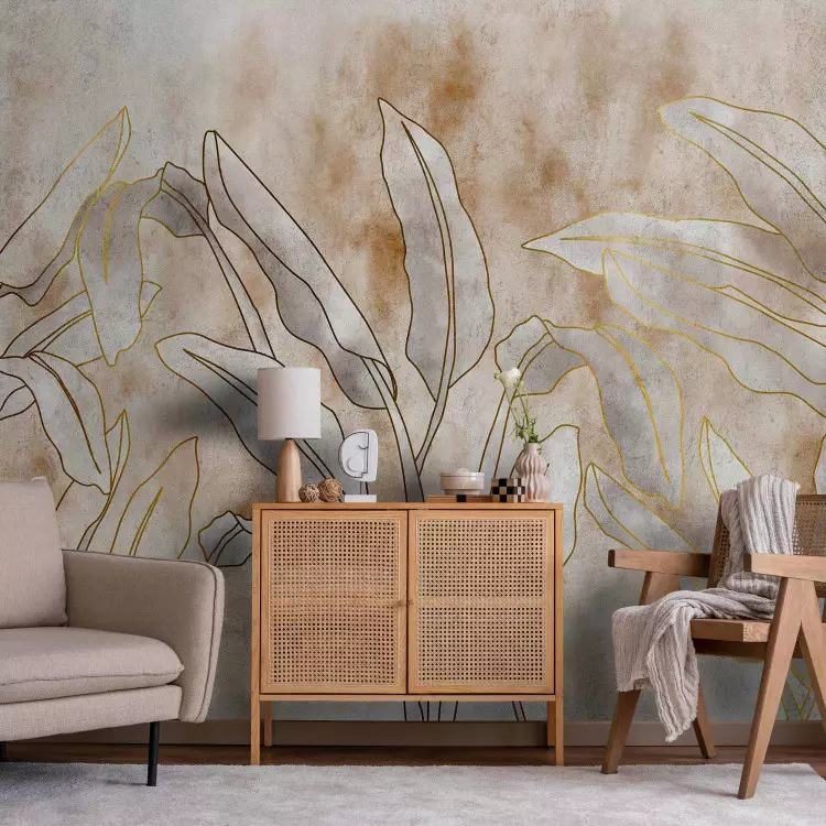 Wall Mural Subtle nature motif - leaves with golden patterns on a watercolour background