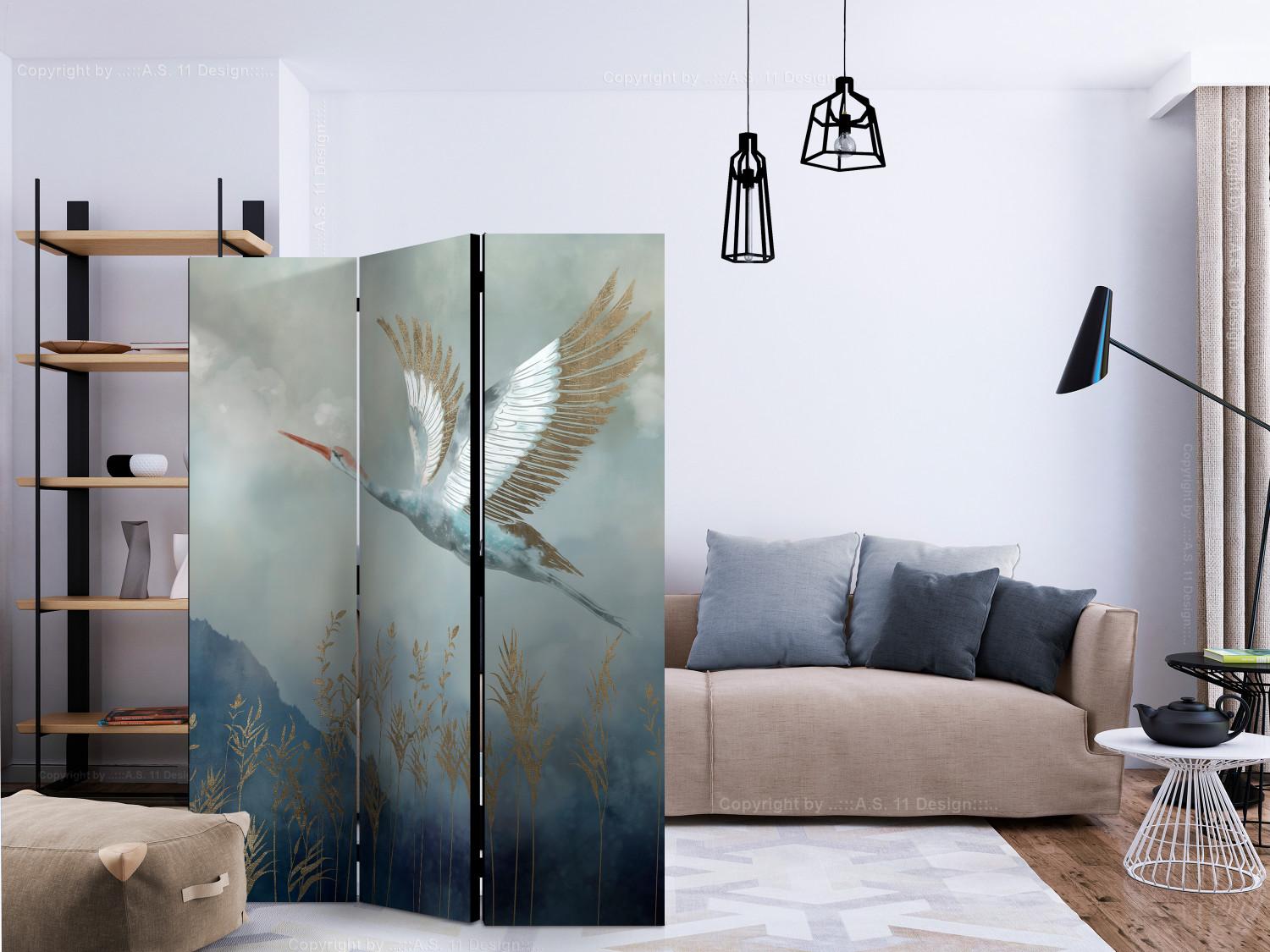 Room Divider Heron in Flight (3-piece) - Colorful bird against mountain and bright clouds backdrop