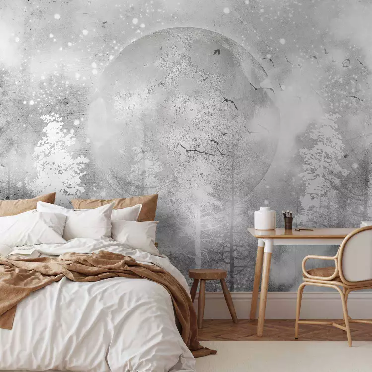 Wall Mural Abstract frosty grey composition - moon among trees with patterns