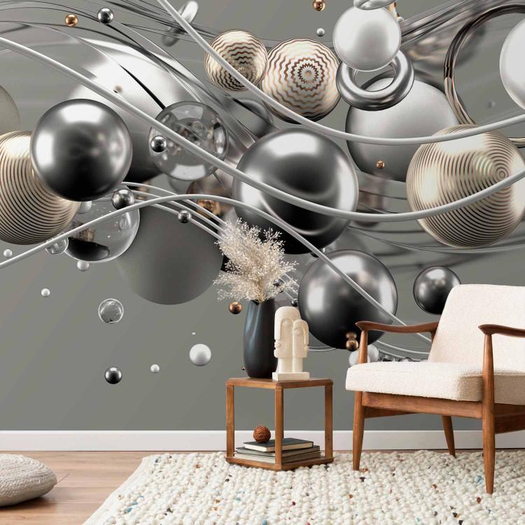 Wall Mural Dynamic space with balls in gold - Modern abstraction