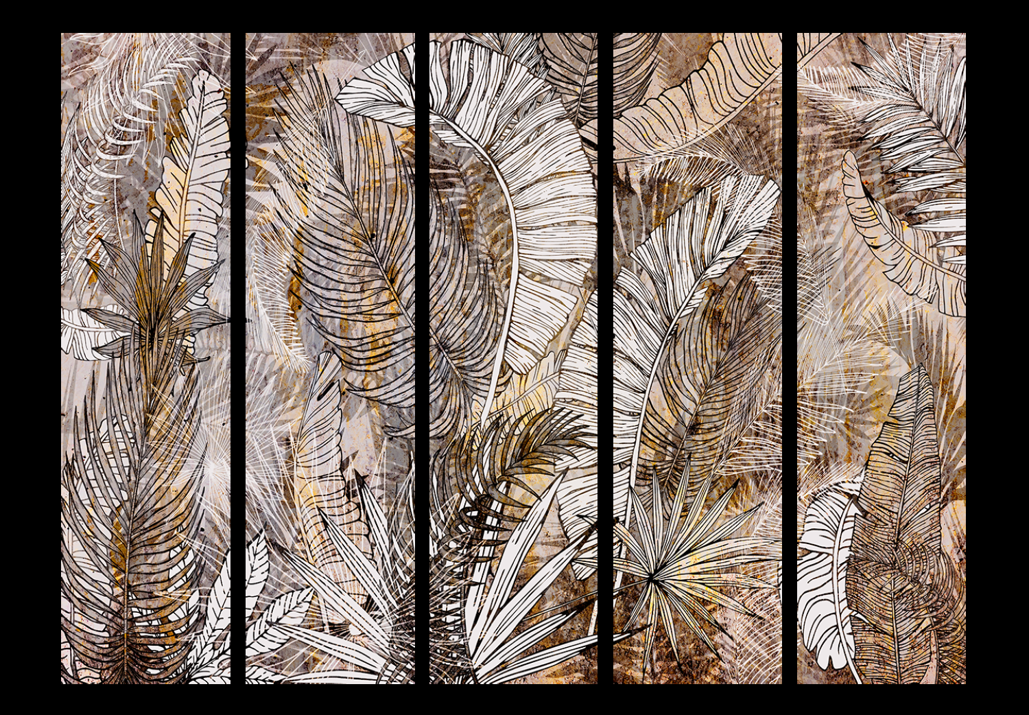 Room Divider Honeyed Plumage II (5-piece) - Composition of feathers and plants