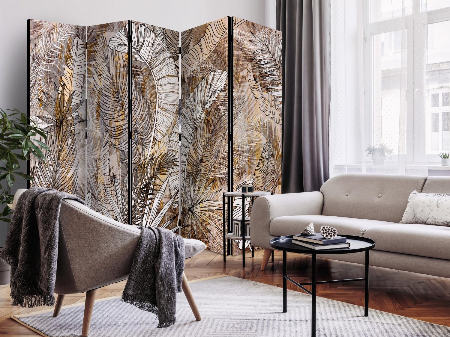 Room Divider Honeyed Plumage II (5-piece) - Composition of feathers and plants