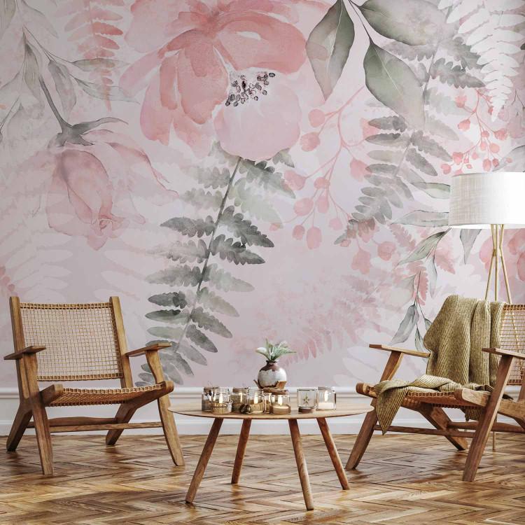 Wall Mural Pink melancholy - motif of various flowers and leaves in watercolour style