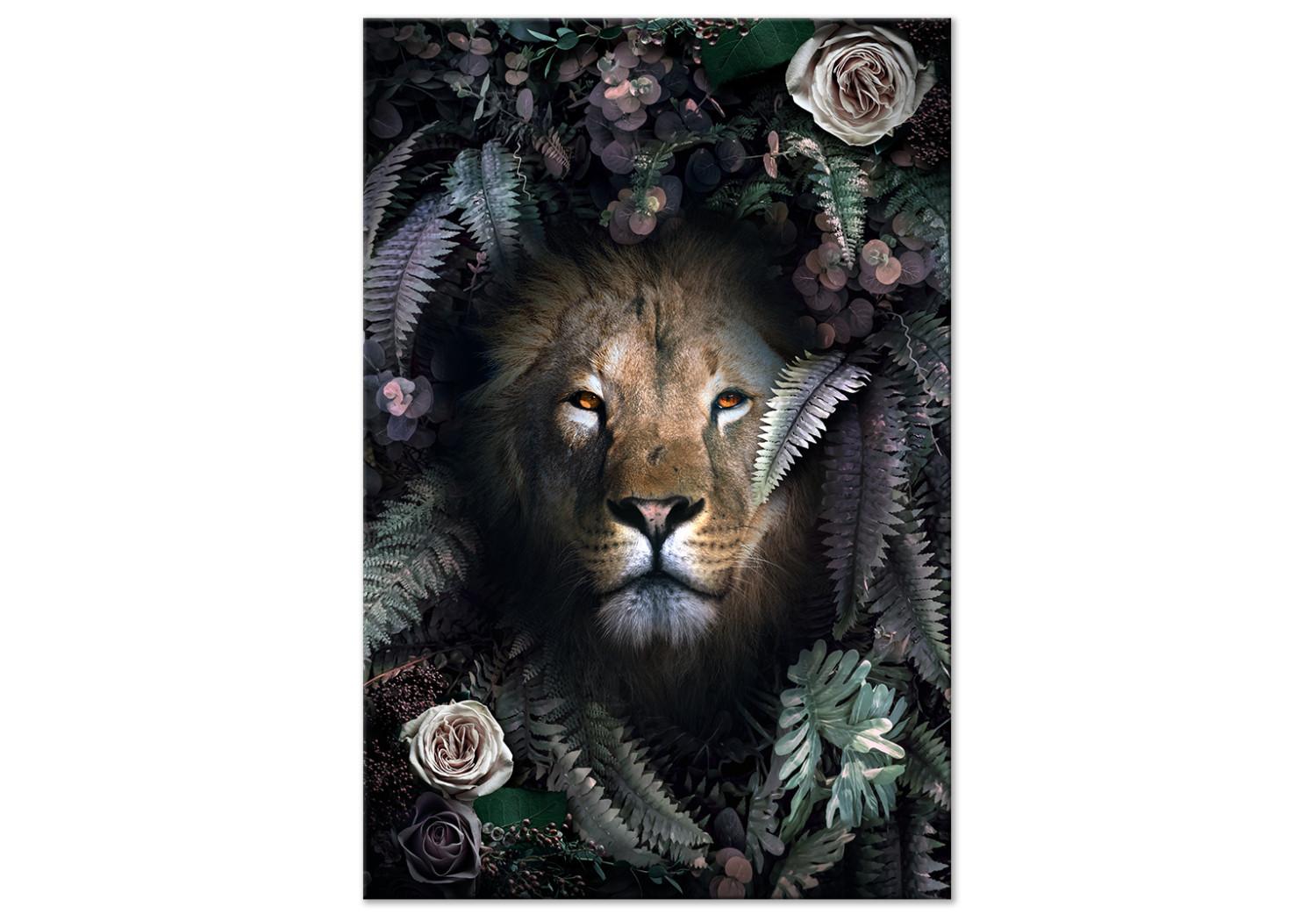 Canvas Lion in Leaves (1-piece) Vertical - wild cat among roses and ferns