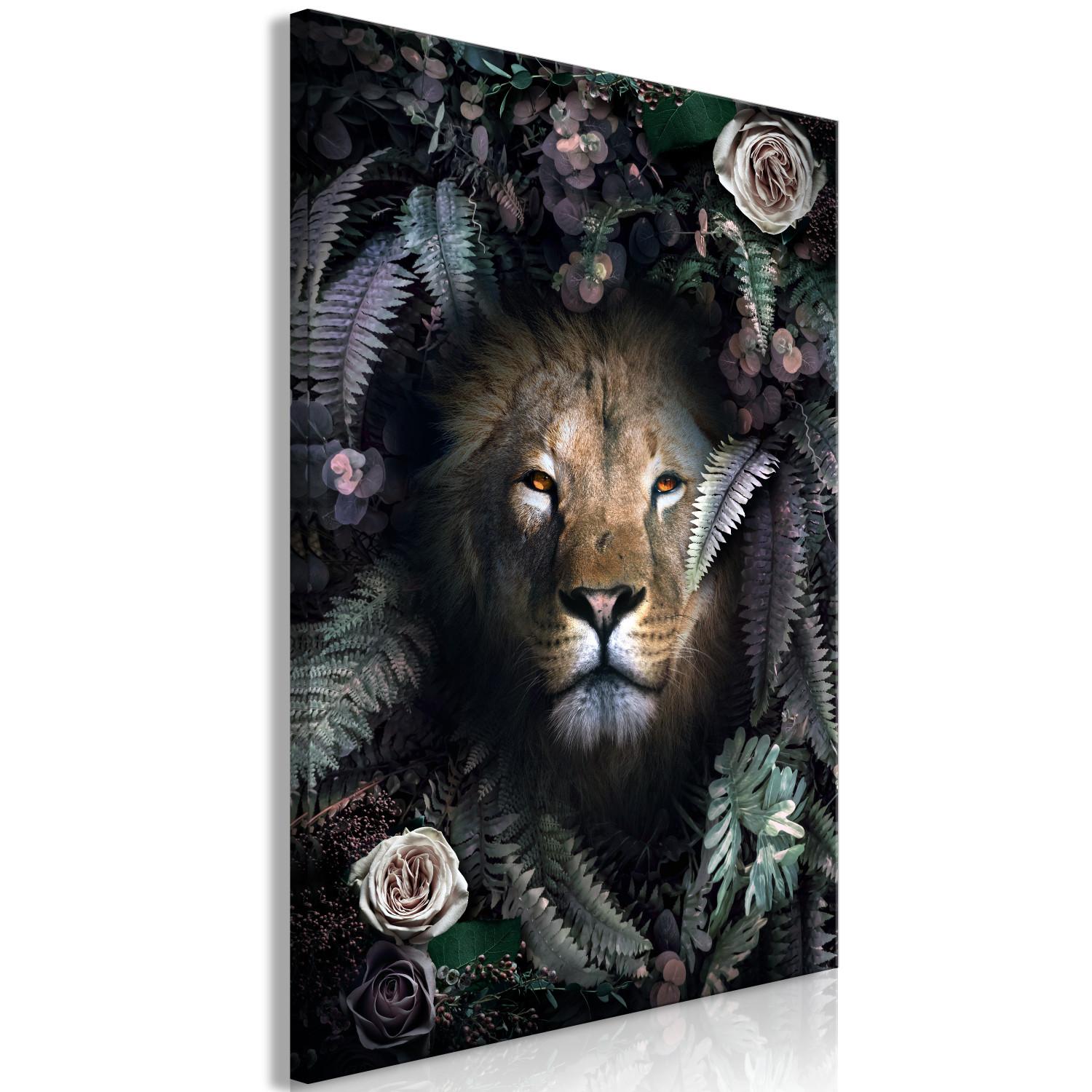 Canvas Lion in Leaves (1-piece) Vertical - wild cat among roses and ferns