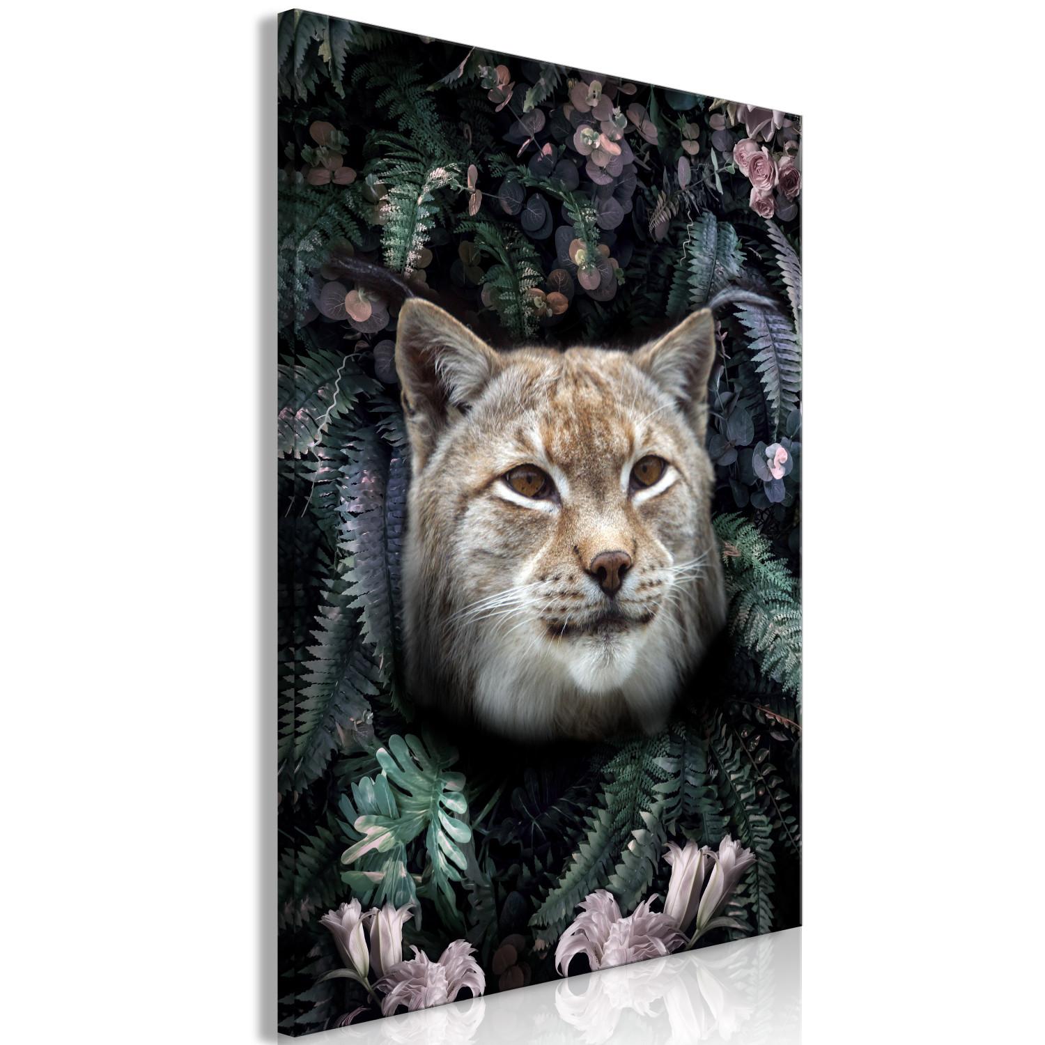 Canvas Lynx in Flowers (1-piece) Vertical - wild cat and plant motif