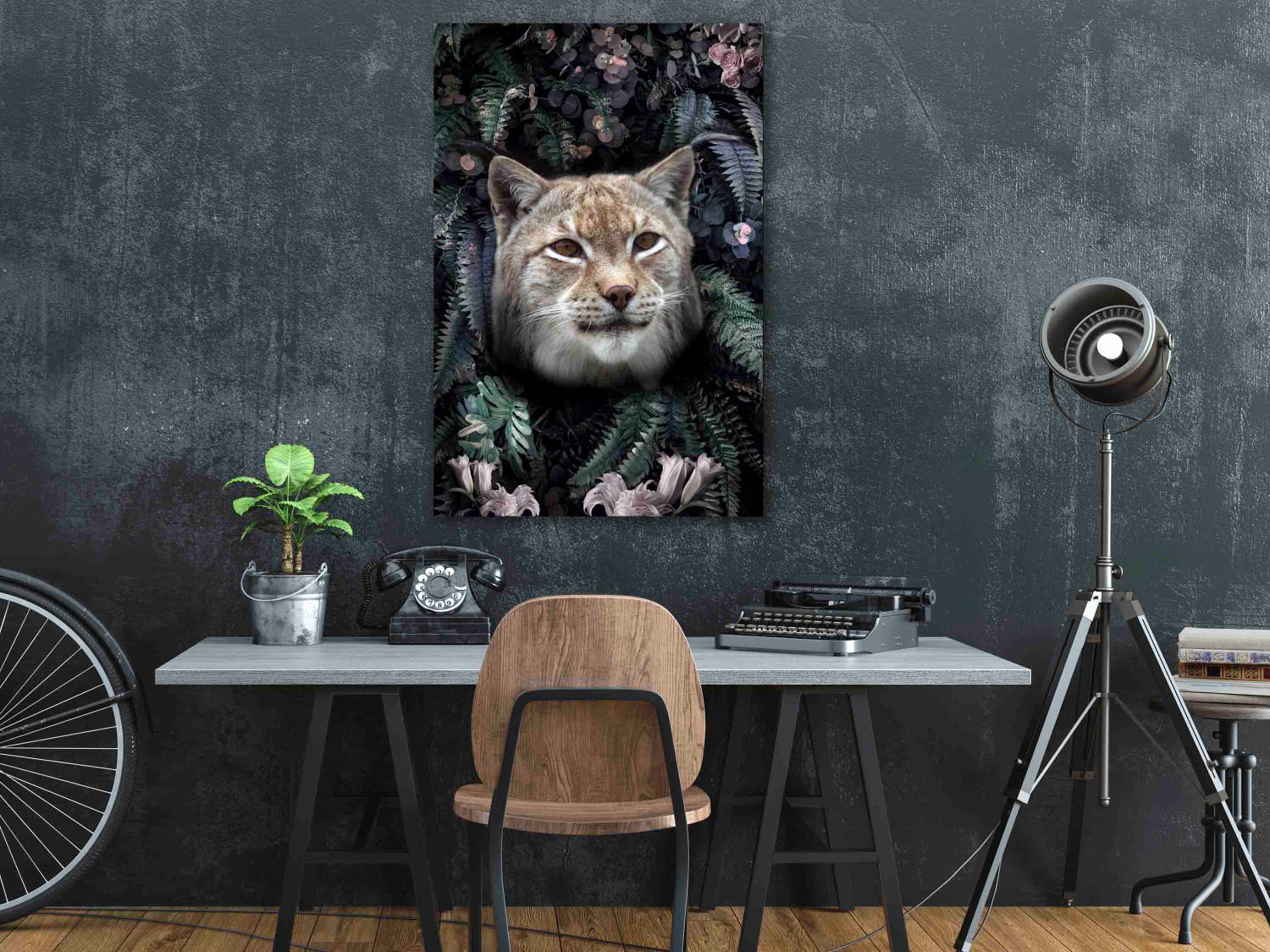 Canvas Lynx in Flowers (1-piece) Vertical - wild cat and plant motif