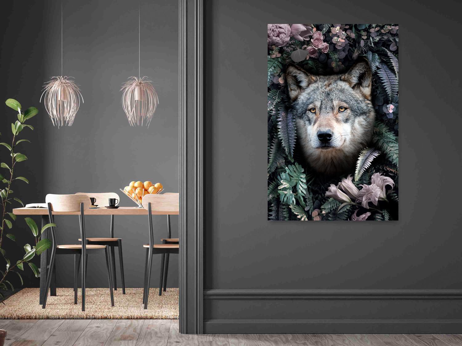 Poster Wolf in Flowers - portrait of a wolf against a background of green plants and flowers