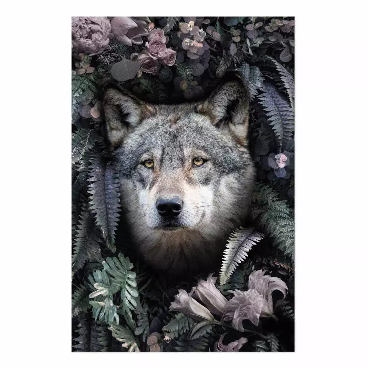 Poster Wolf in Flowers - portrait of a wolf against a background of green plants and flowers