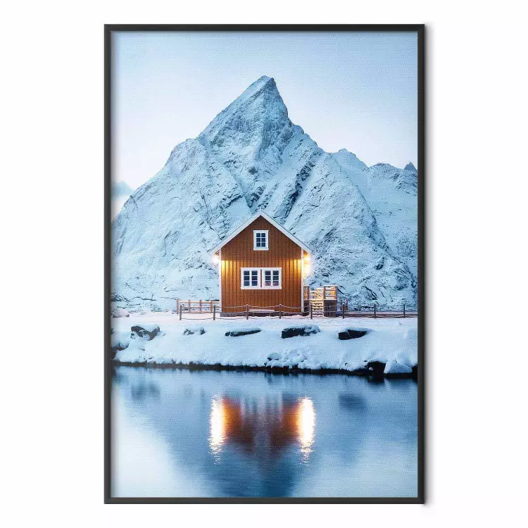 Cottage in Norway - majestic winter landscape of a cottage against mountains