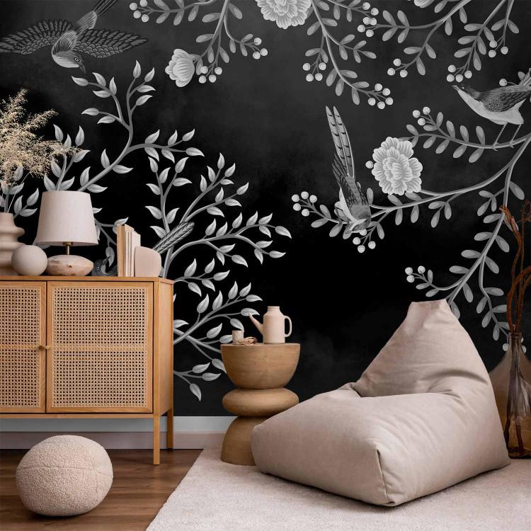 Wall Mural Birds Among Branches - Black and White Composition Inspired by Nature
