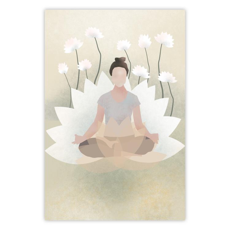 Love Yoga - meditating woman against white flowers in a Zen style