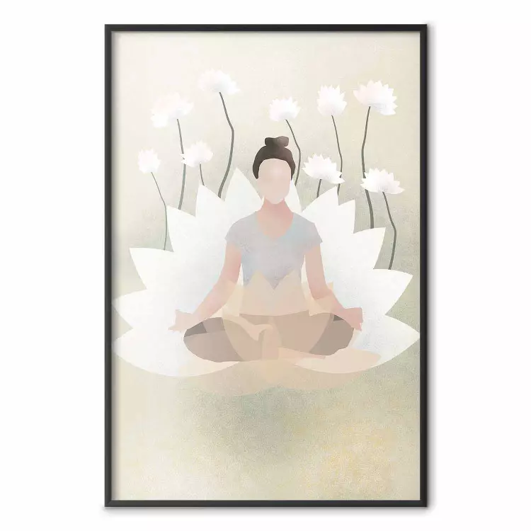 Love Yoga - meditating woman against white flowers in a Zen style