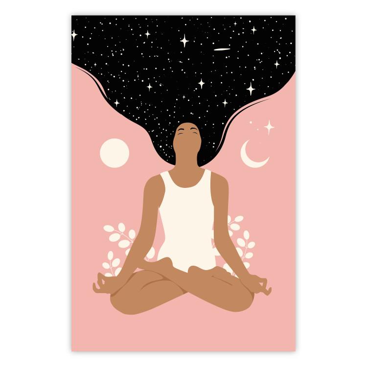 Morning Yoga - meditating woman drifting into thoughts in a dark cosmos