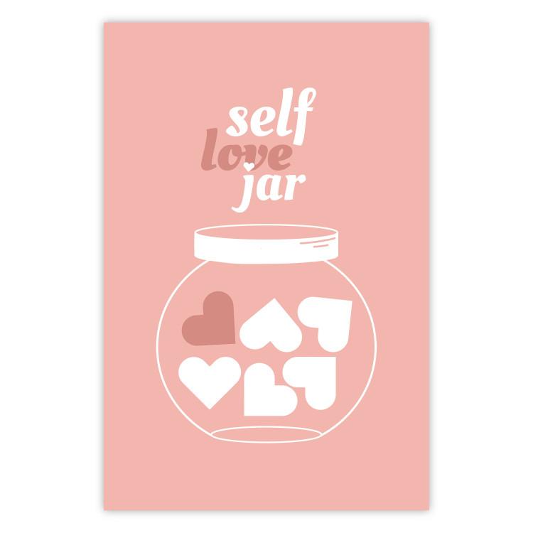 Self Love Jar - jar with hearts and English texts on a pink background