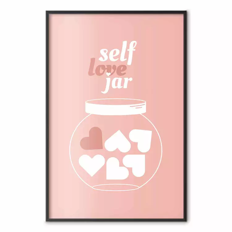 Self Love Jar - jar with hearts and English texts on a pink background