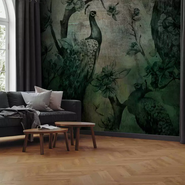 Wall Mural Beautiful birds on a tree with flowers - dark green engraving with peacocks