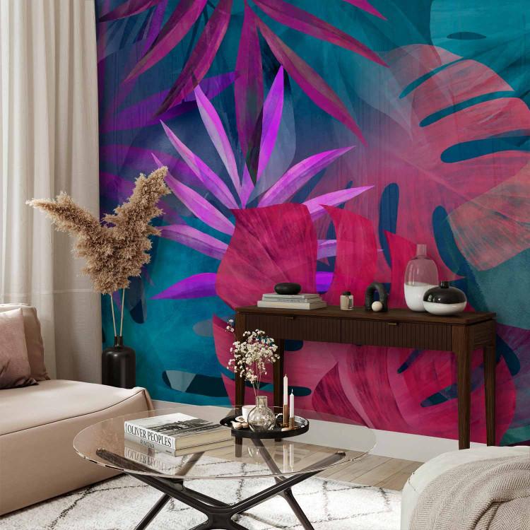 Wall Mural Magic of leaves - abstraction in shades of violet and blue color