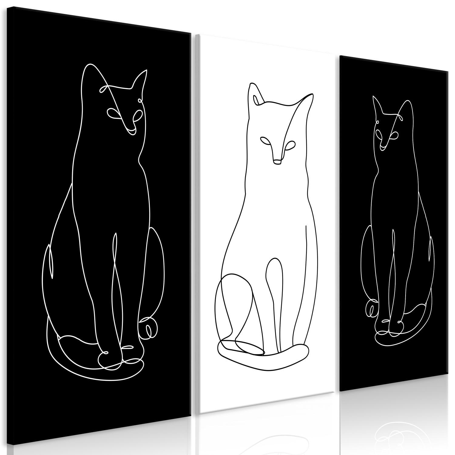 Canvas Elegant Cats (3-piece) - black and white lineart with quadrupeds