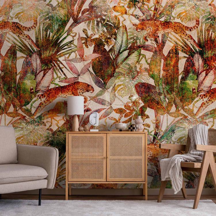 Wall Mural Wild nature - exotic composition with leopards and plant motif