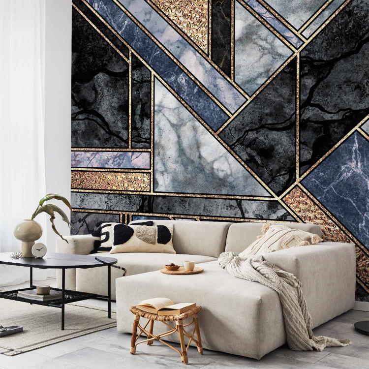 Wall Mural Elegant art deco - blue and black marble with golden patterns