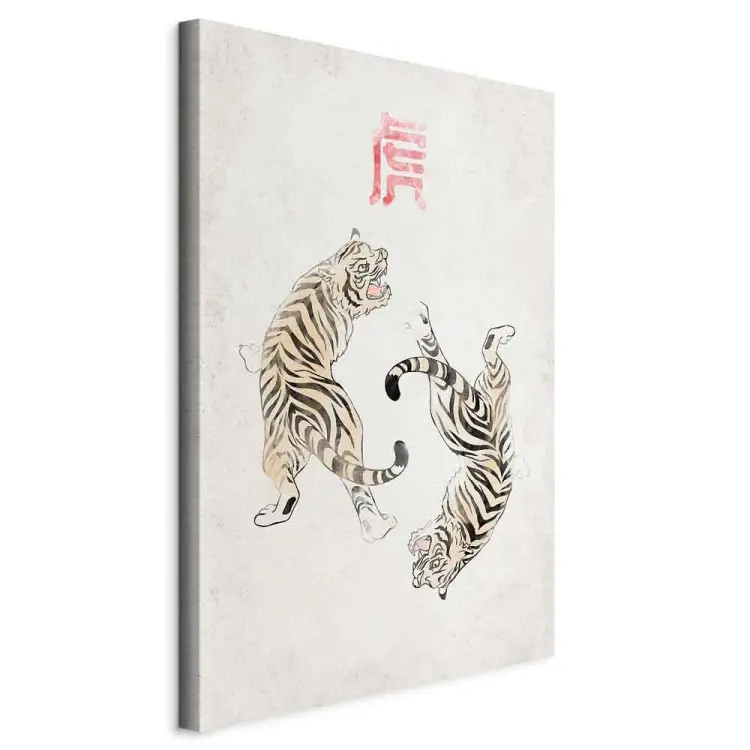 Tiger Dance Vertical - two wild cats on a light background
