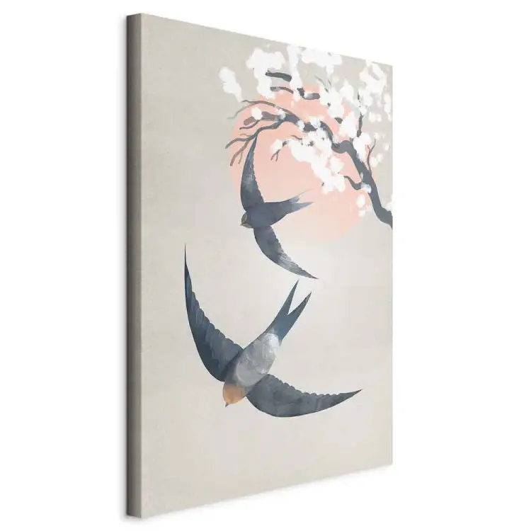 Swallows in Flight Vertical - birds against a cherry tree background