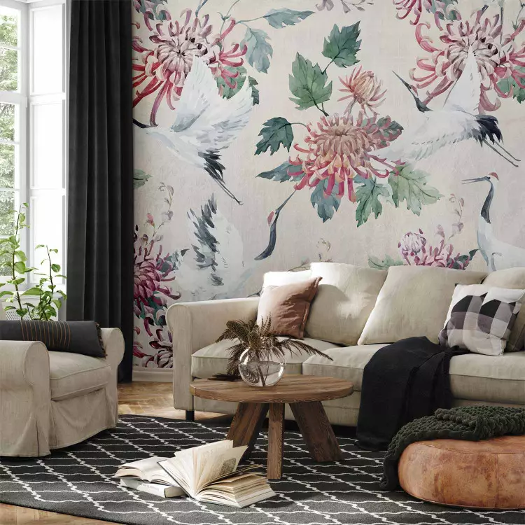 Wall Mural Oriental composition - crane birds motif with flowers and leaves with background
