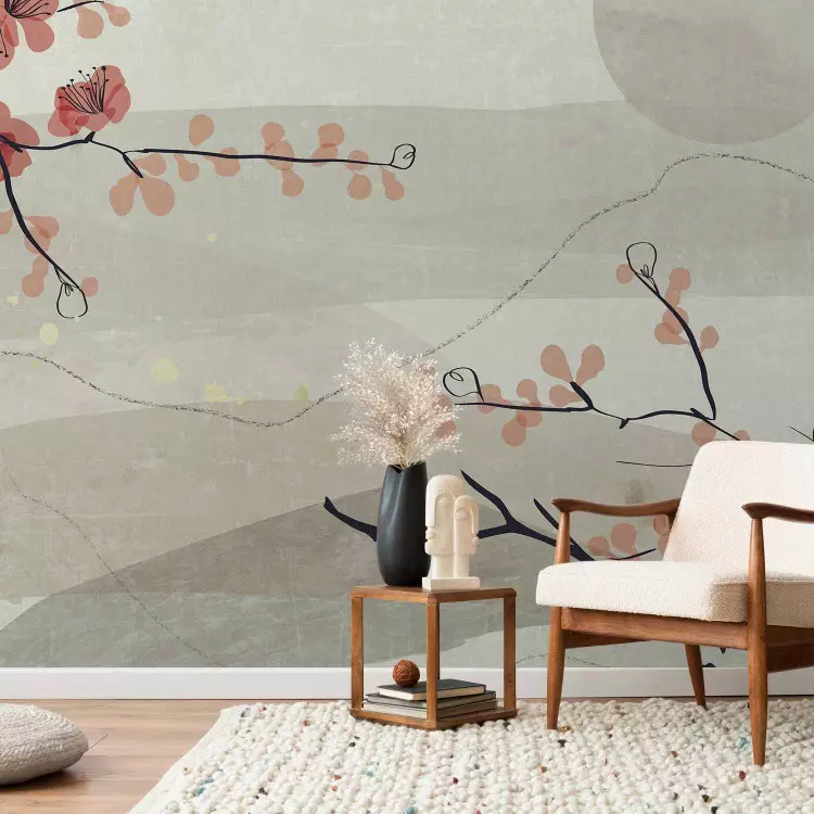 Wall Mural Japanese landscape - abstract composition with cherry tree branch and sunshine