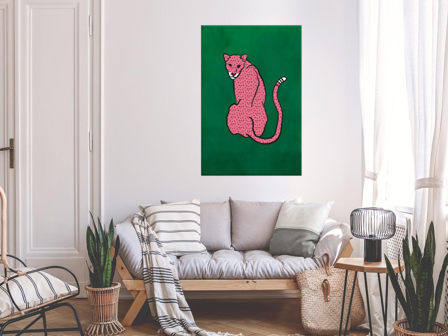 Canvas Pink Cheetah (1-piece) Vertical - wild cat on an emerald background